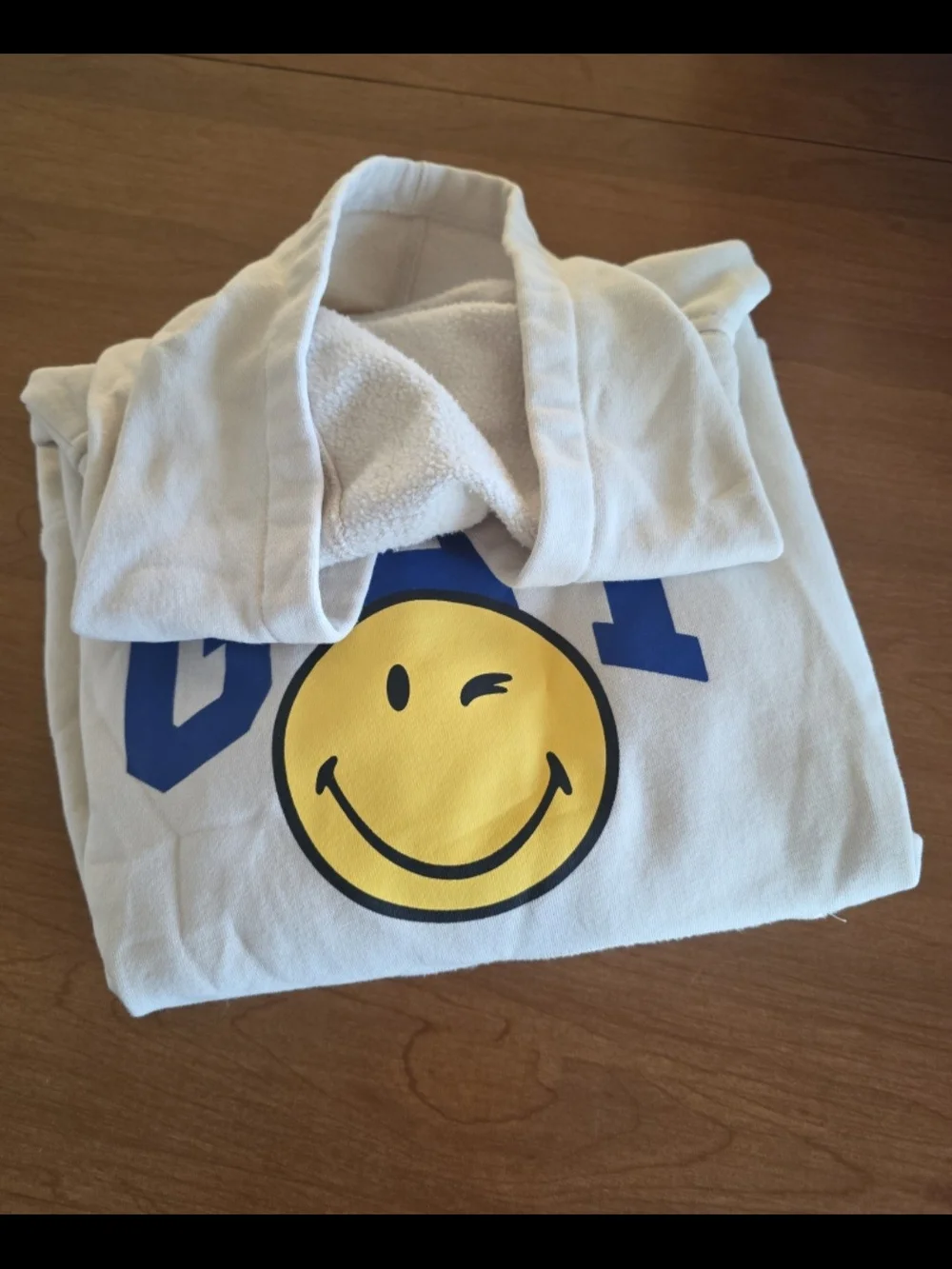 GAP Cream Hoodie with Blue Arch Logo & Yellow Winking Smiley